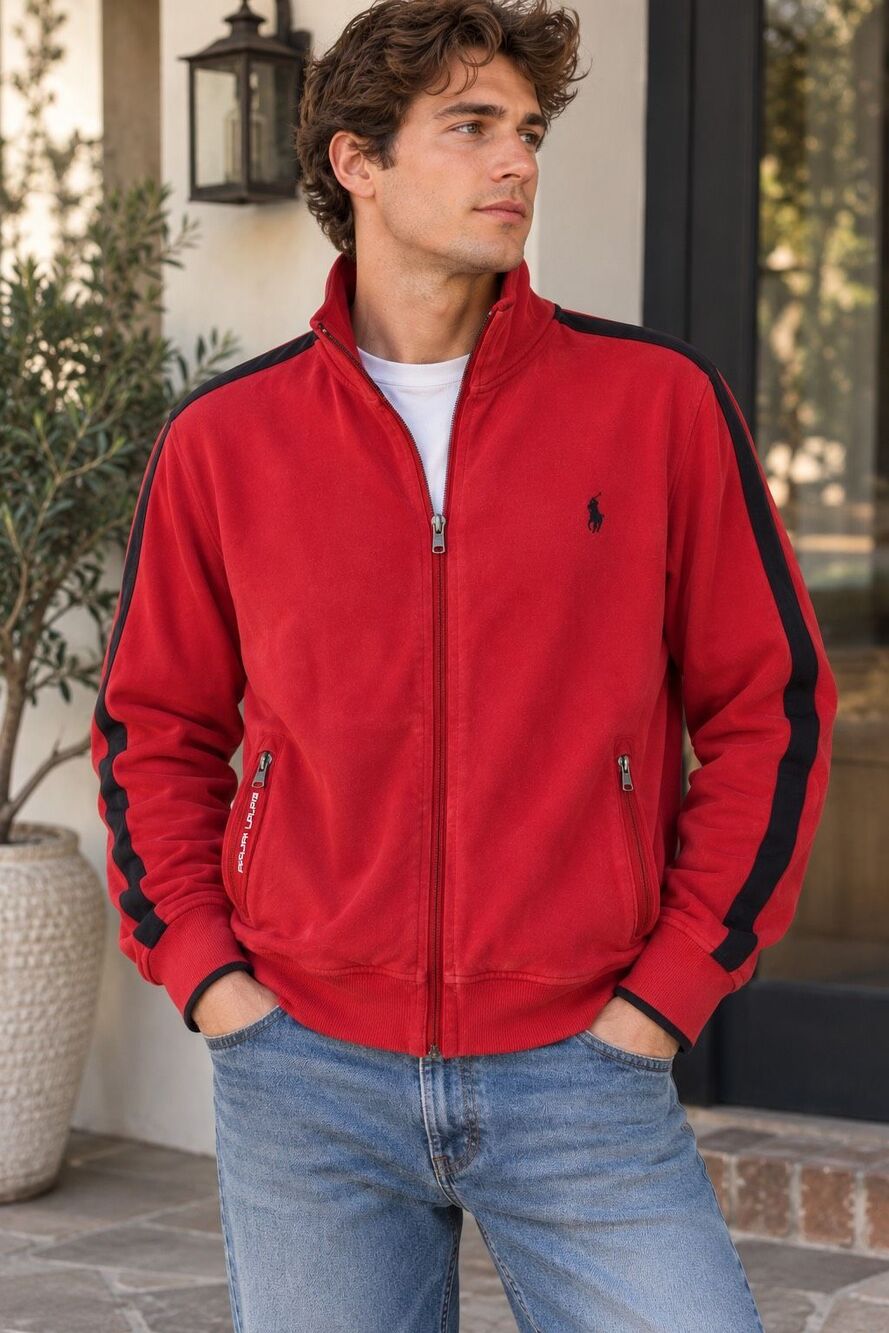 Vintage POLO Ralph Lauren Red Full-zip cotton jacket M Red black stripes Streetw